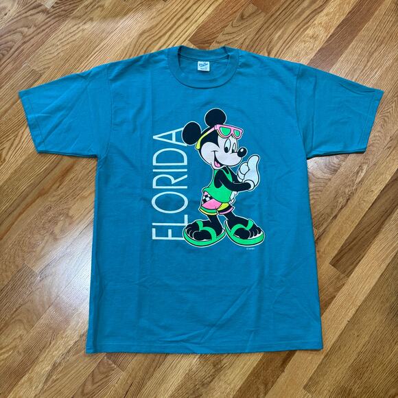 Vintage Velva Sheen Disney Mickey Mouse Florida T-Shirt Large Made in USA Teal - Picture 1 of 3
